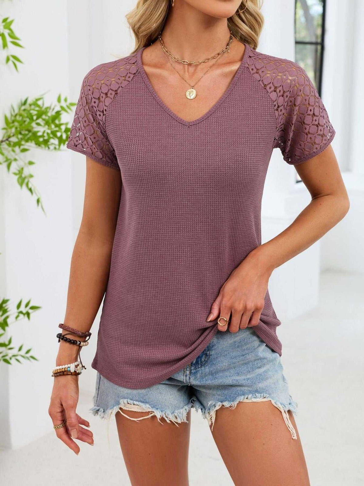 Lace Sleeve V-Neck Waffle Knit T-Shirt 100100150990299 25 Affordable Fashion Under $100 Jerry's Apparel 