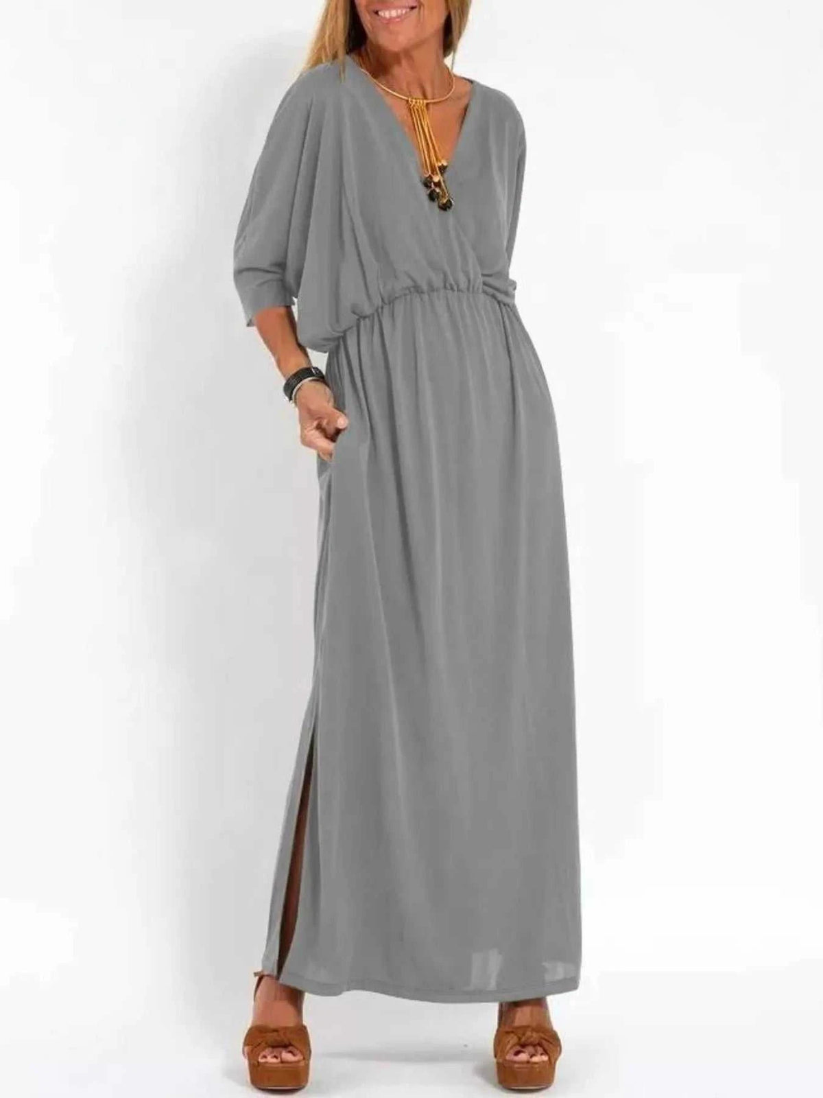 Full Size V-Neck Batwing Sleeve Maxi Dress with Side Slits Plus Size 100100963539918 27 Affordable Fashion Under $100 Jerry's Apparel 