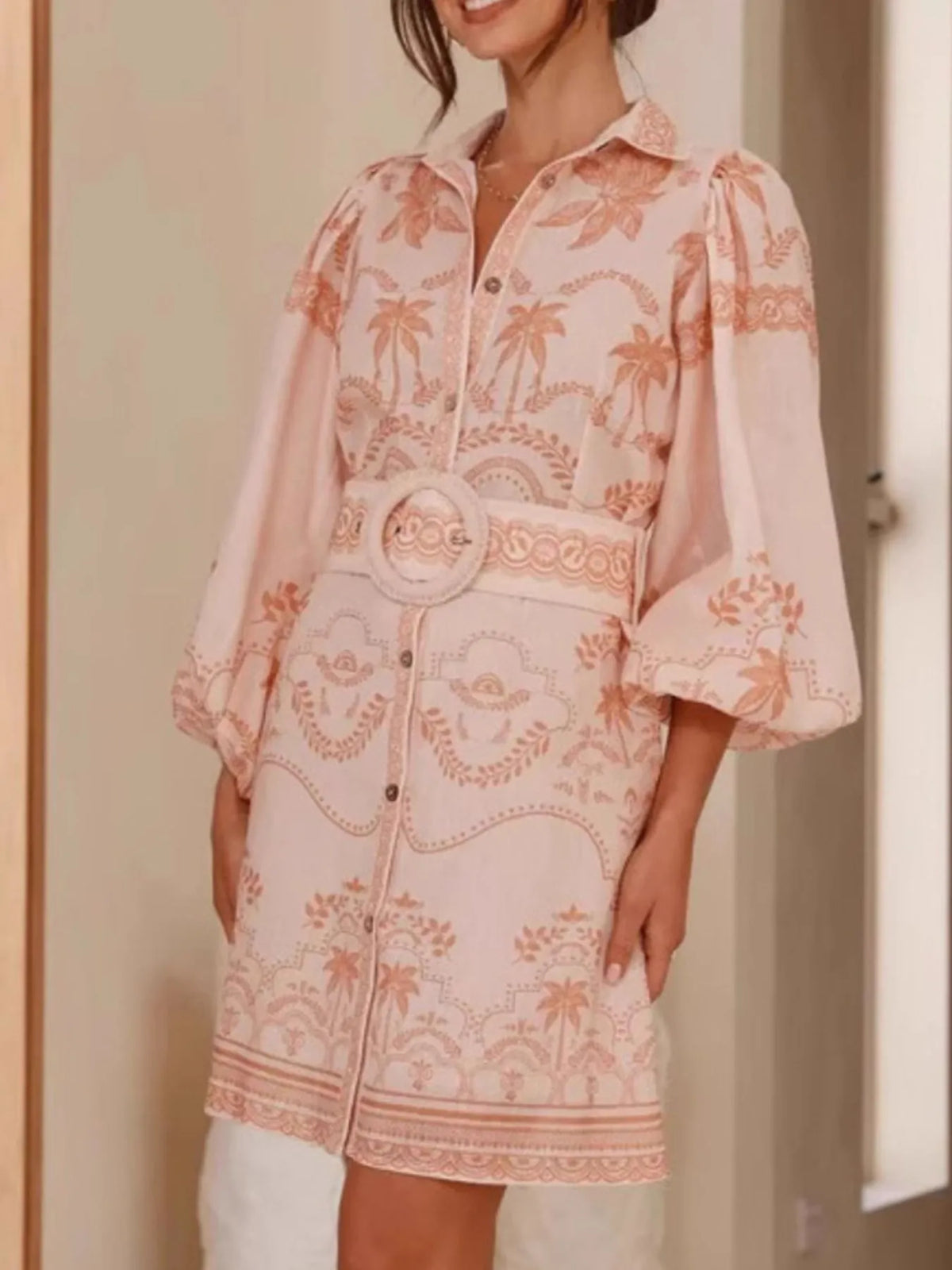 Printed Button Down Shirt Dress with Belt
