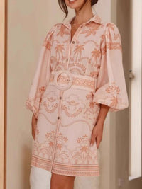Printed Button Down Shirt Dress with Belt