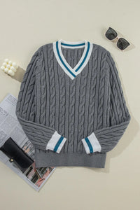 Cable-Knit V-Neck Long Sleeve Sweater