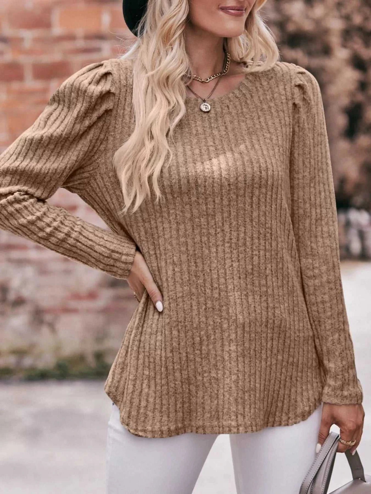 Ribbed Knit Puff Sleeve T-Shirt 100100962471478 28 Affordable Fashion Under $100 Jerry's Apparel 