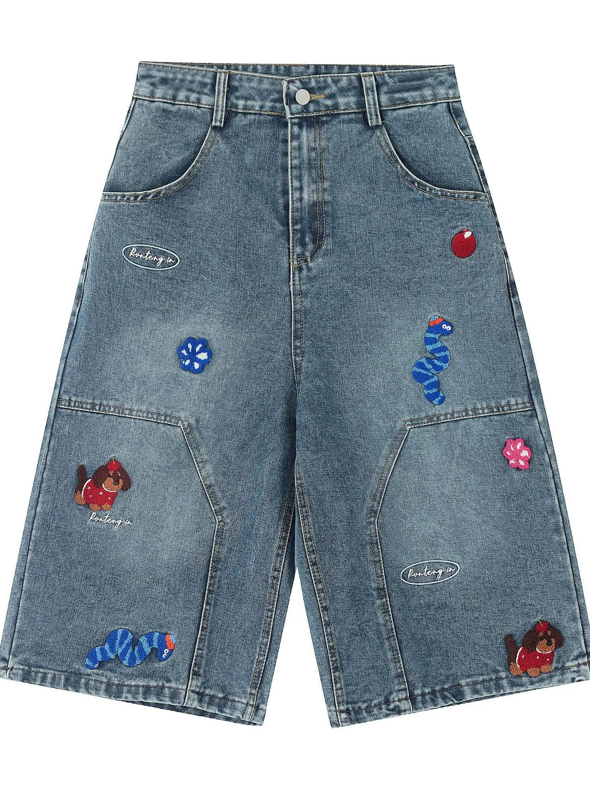 Men's Cartoon Embroidered Detail Wide Leg Denim Shorts
