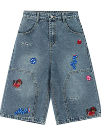 Men's Cartoon Embroidered Detail Wide Leg Denim Shorts