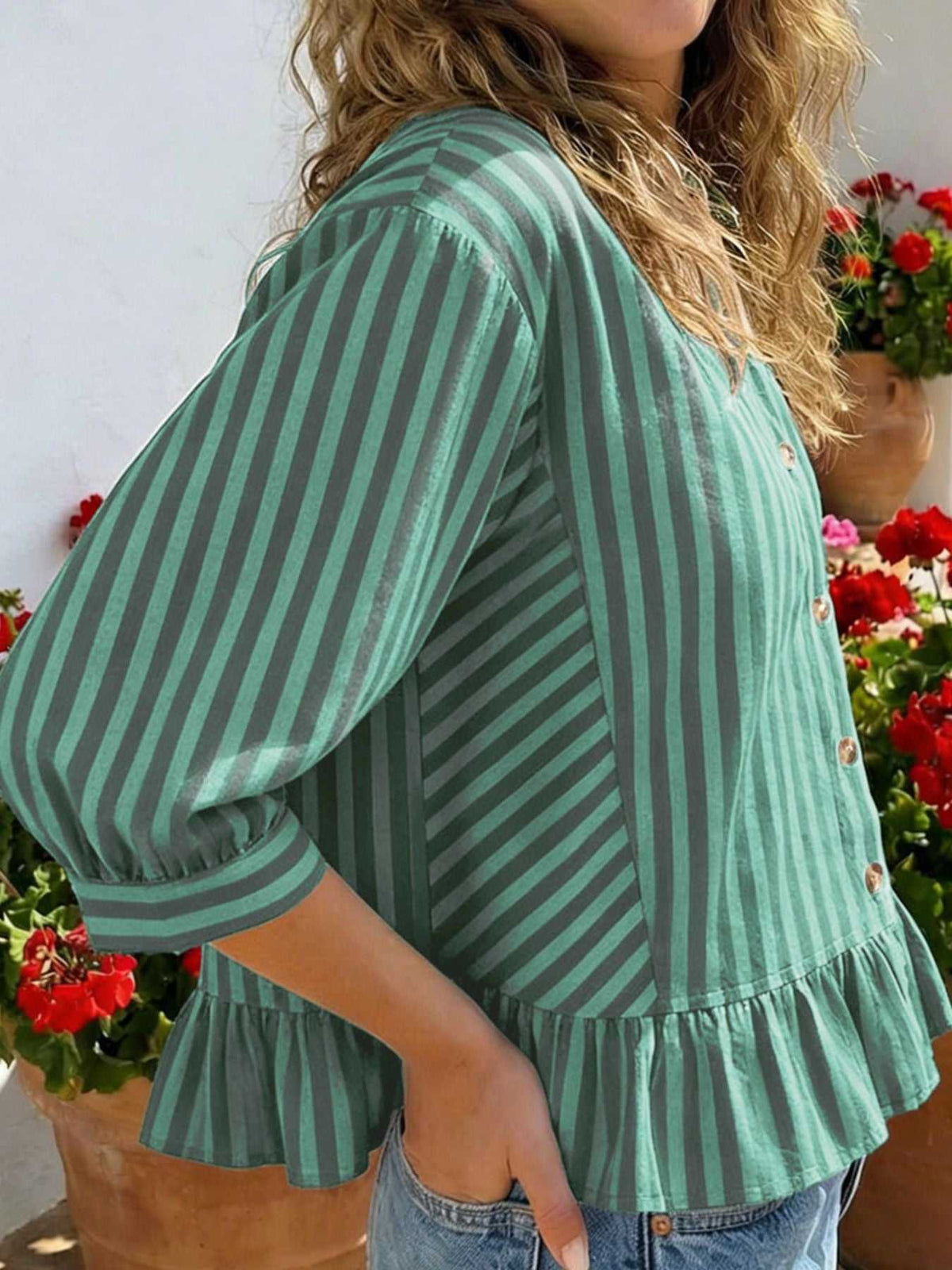 Striped Ruffle Hem Button-Down Shirt 100100634757459 44 Affordable Fashion Under $100 Jerry's Apparel 