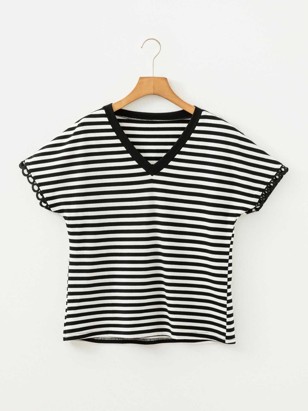 Striped V-Neck Scalloped Short Sleeve T-Shirt 100100813641731 25 Affordable Fashion Under $100 Jerry's Apparel 