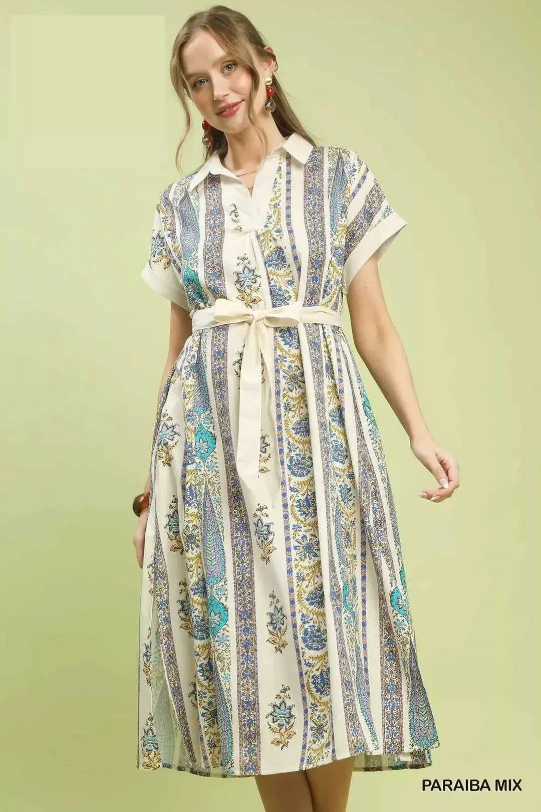 Umgee Vertical Print Tie Waist Midi Dress 100100805301264 64 Affordable Fashion Under $100 Jerry's Apparel 
