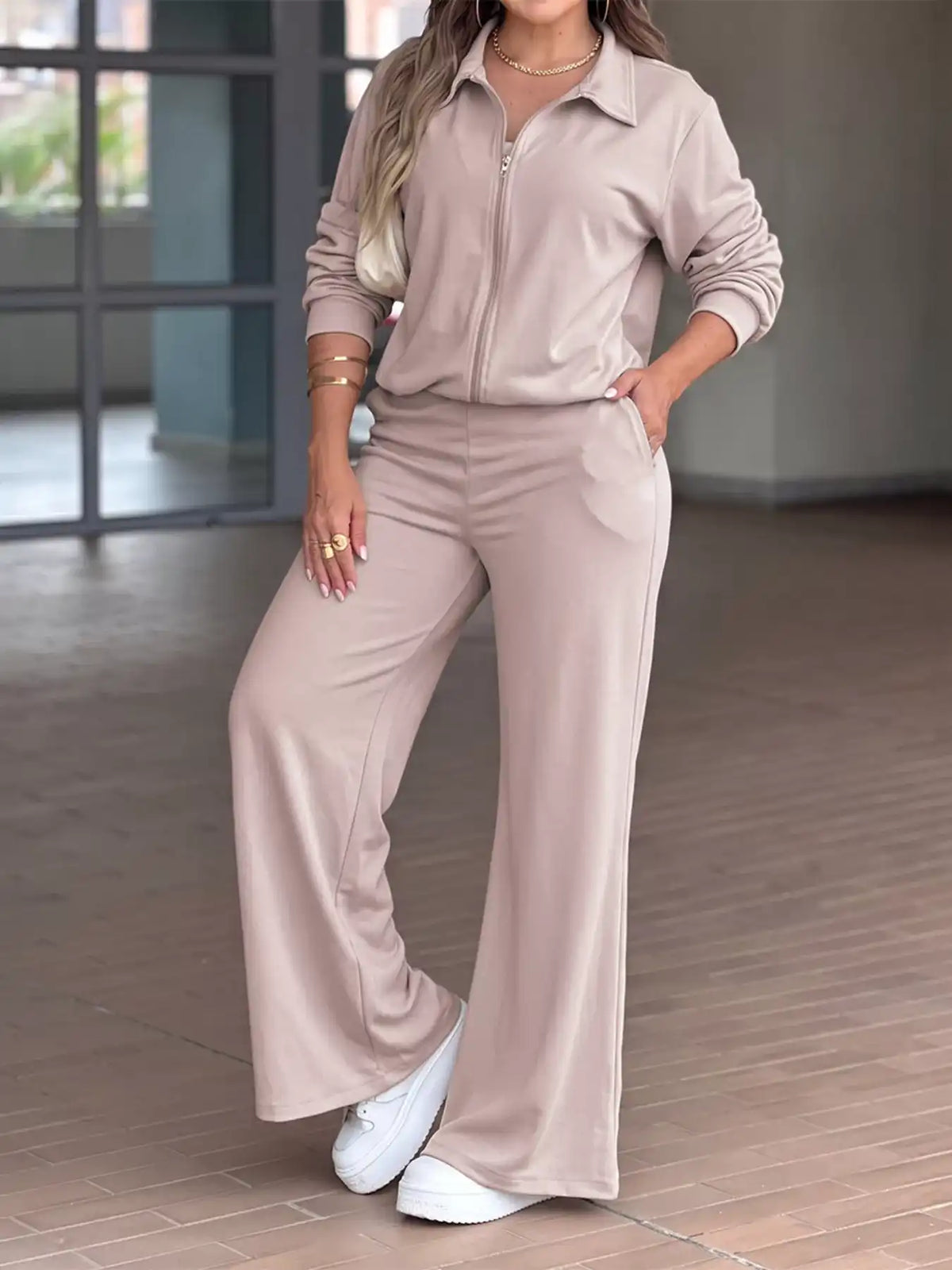 Casual Zip-Up Jacket and Wide-Leg Pants Set 101001311182802 73 Gifts for Her Jerry's Apparel 