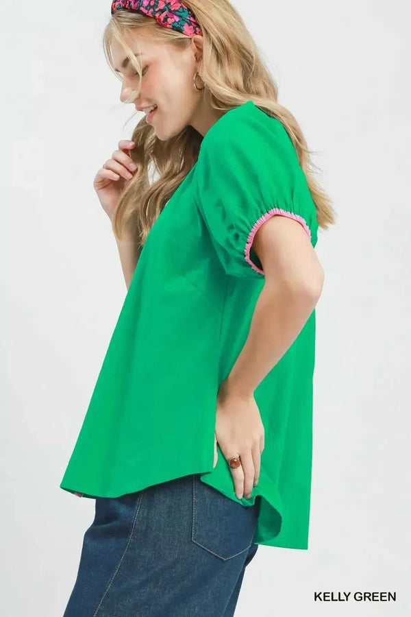 Umgee Contrast Trim Button Front Puff Sleeve Blouse 100100932681970 47 Affordable Fashion Under $100 Jerry's Apparel 
