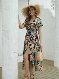 Floral Print Short Sleeve Wrap Midi Dress