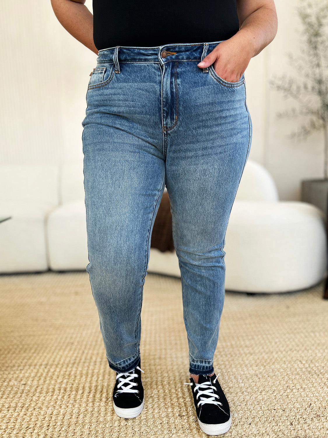 Full Size Mid Rise Rigid Magic Release Hem Jeans