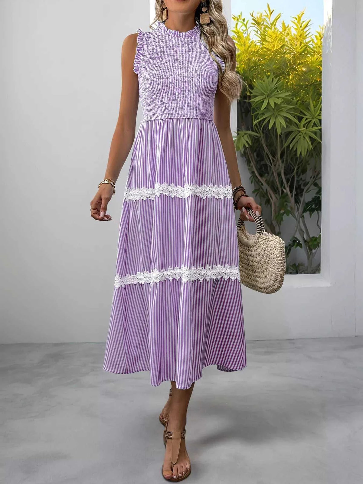 Smocked Striped Lace Trim Sleeveless Midi Dress 100100337606296 49 Affordable Fashion Under $100 Jerry's Apparel 