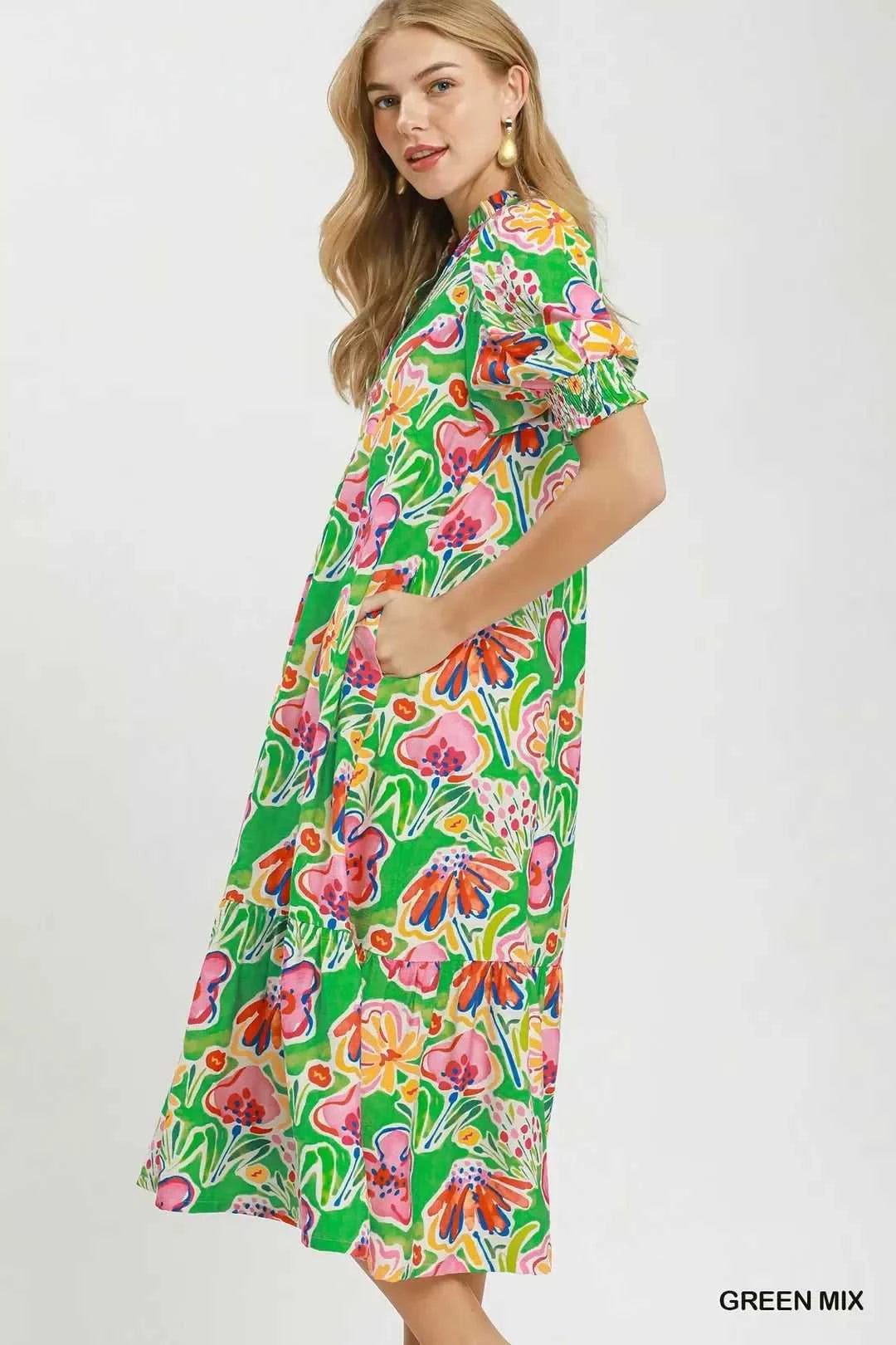 Umgee Floral Print Puff Sleeve Tiered Midi Dress 100100598261469 64 Affordable Fashion Under $100 Jerry's Apparel 