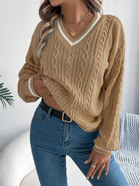 V-Neck Cable Knit Sweater with Striped Trim 101002502315459 35 Affordable Fashion Under $100 Jerry's Apparel 