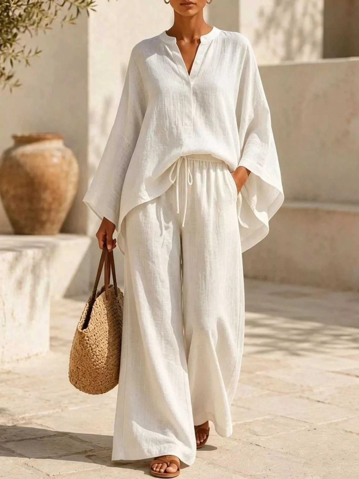 Full Size Notched Long Sleeve Top and Wide-Leg Pants Set Plus Size 100100051091822 45 Affordable Fashion Under $100 Jerry's Apparel 