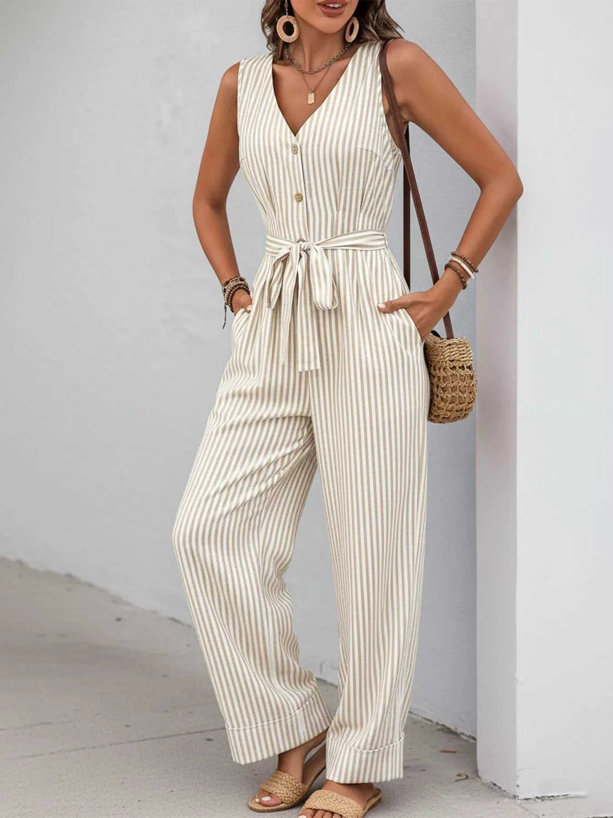 Striped Button-Front Wide Leg Jumpsuit 100100799181861 44 Affordable Fashion Under $100 Jerry's Apparel 