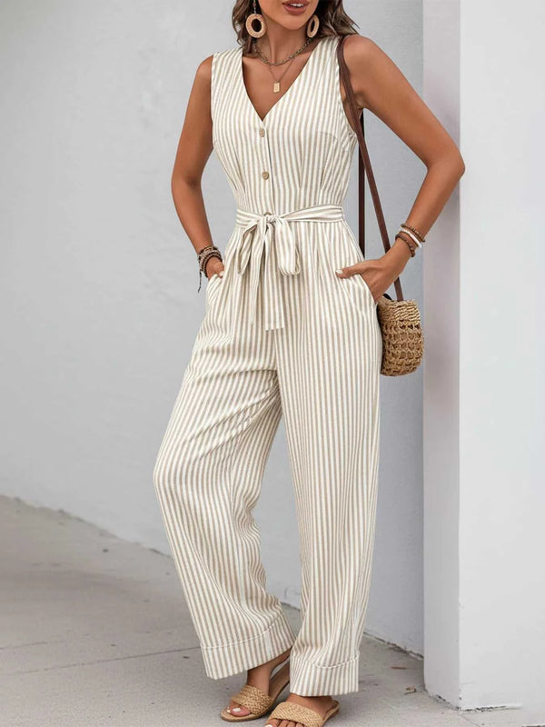 Striped Button-Front Wide Leg Jumpsuit 100100799181861 44 Affordable Fashion Under $100 Jerry's Apparel 