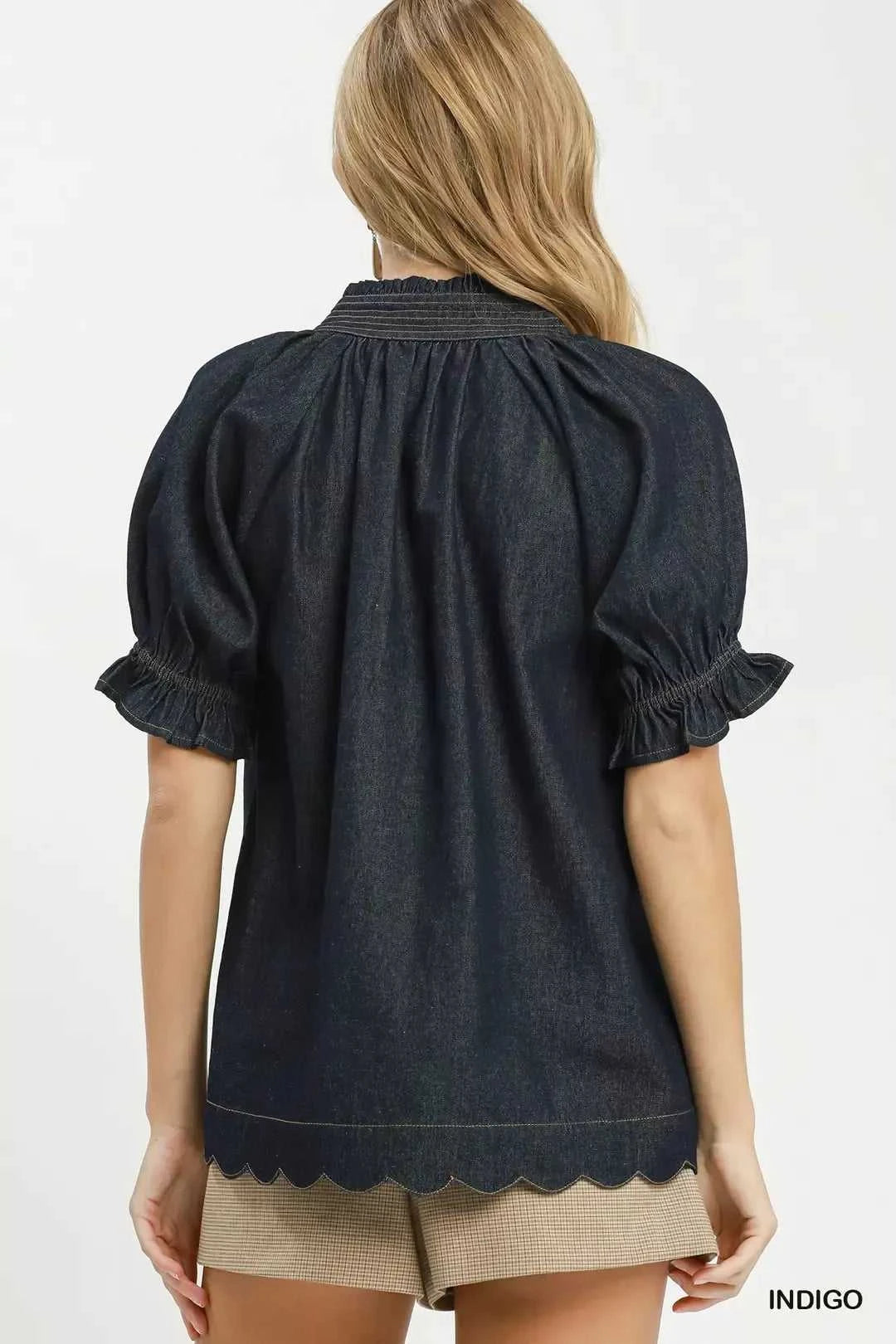 Umgee Chambray Puff Sleeve Scallop Hem Blouse 100100091881532 53 Affordable Fashion Under $100 Jerry's Apparel 