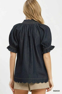 Umgee Chambray Puff Sleeve Scallop Hem Blouse 100100091881532 53 Affordable Fashion Under $100 Jerry's Apparel 
