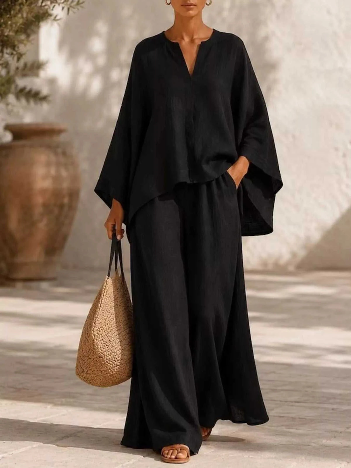 Full Size Notched Long Sleeve Top and Wide-Leg Pants Set Plus Size 100100051091822 45 Affordable Fashion Under $100 Jerry's Apparel 