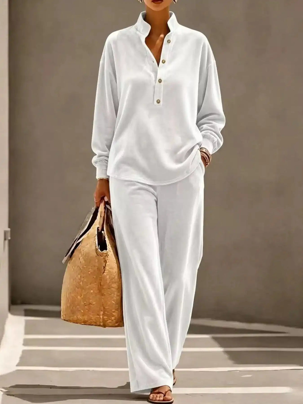 Full Size Half Button Top and Wide Leg Pants Set Plus Size 101001300812534 65 Affordable Fashion Under $100 Jerry's Apparel 