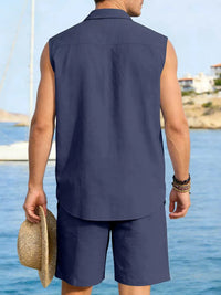 Men's Full Size Button Up Sleeveless Top and Shorts Plus Size 100400363418053 40 Men's Sets Jerry's Apparel 