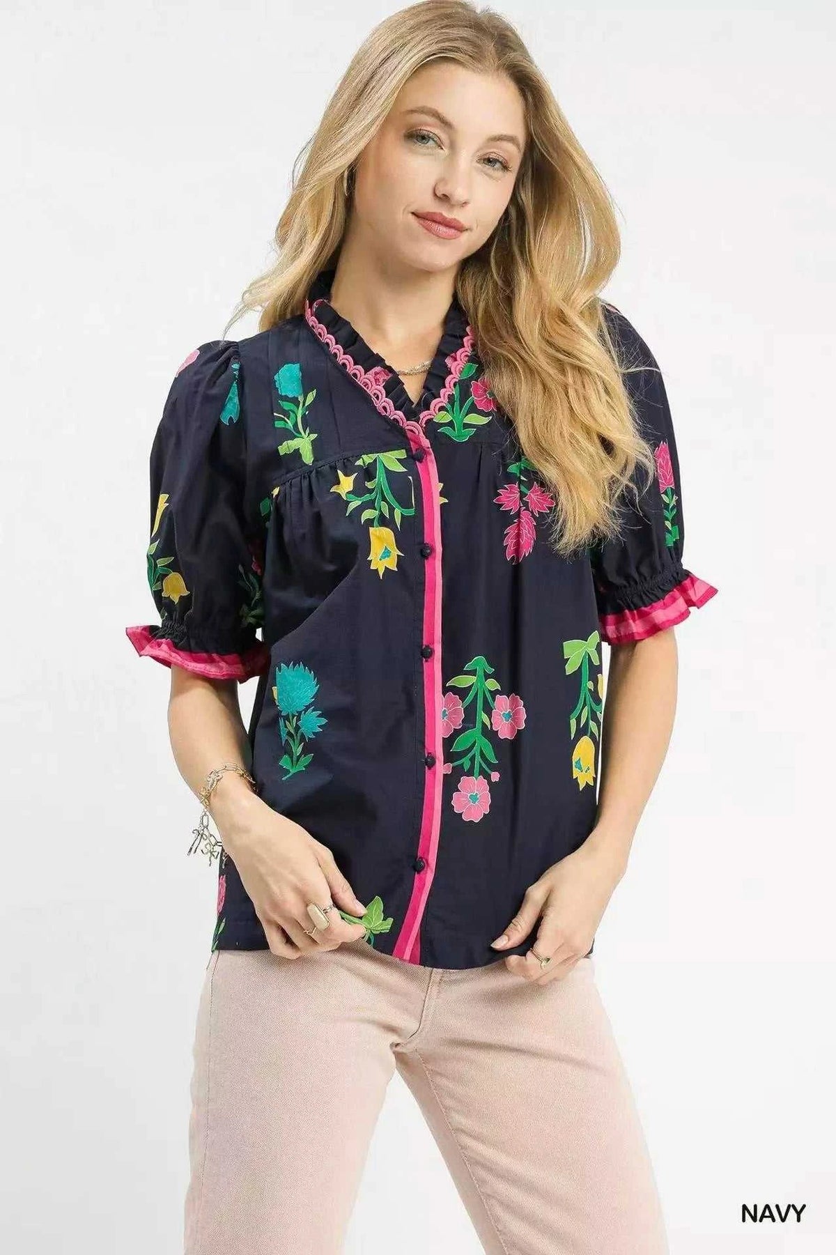 Umgee Petal Parade Print Button-Down Blouse 100100728971463 49 Affordable Fashion Under $100 Jerry's Apparel 