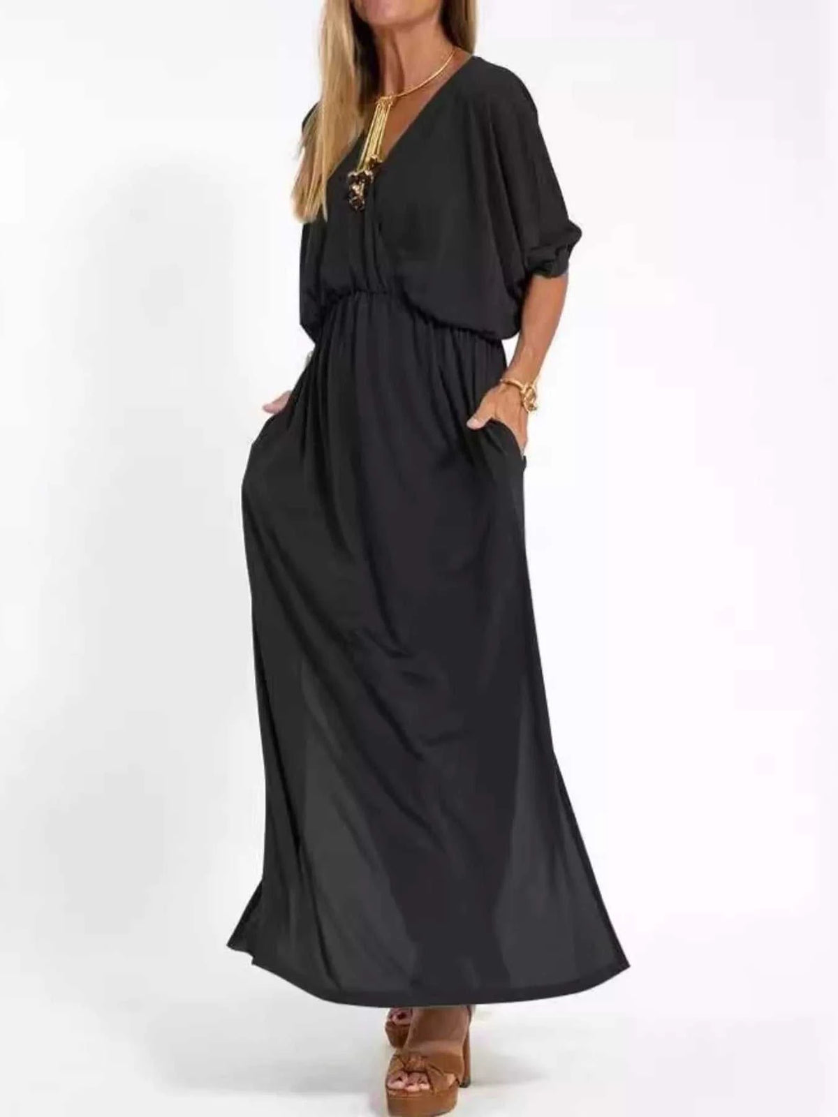 Full Size V-Neck Batwing Sleeve Maxi Dress with Side Slits Plus Size 100100963539918 27 Affordable Fashion Under $100 Jerry's Apparel 