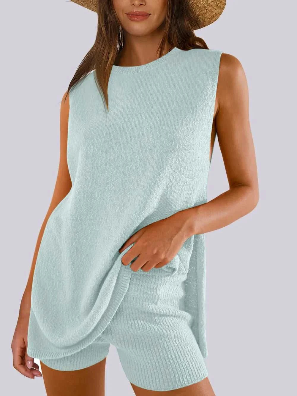 Side Slit Round Neck Tank and Ribbed Shorts Sweater Set 100100101501711 39 Affordable Fashion Under $100 Jerry's Apparel 