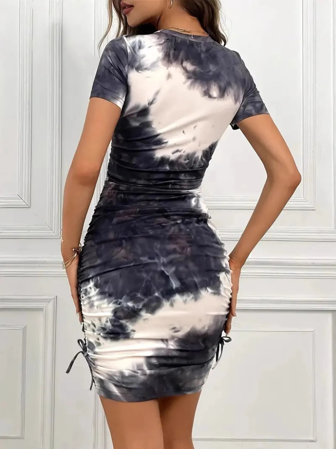 Drawstring Tie-Dye Round Neck Short Sleeve Dress