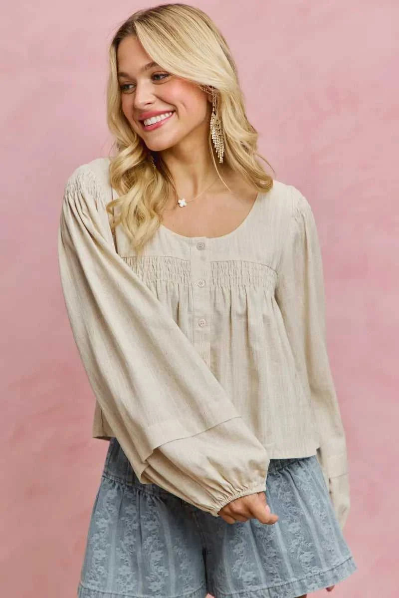 SO ME Linen Blend Woven Long Sleeve With Smocking Top 100100082081653 47 Gifts for Her Jerry's Apparel 