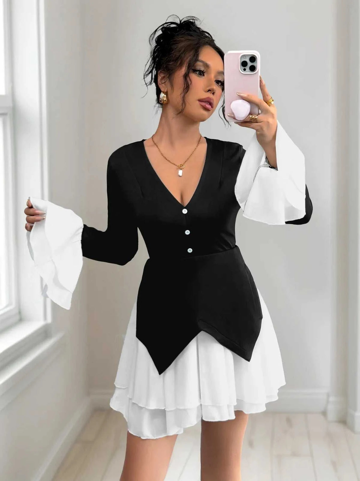 Two Tone V-Neck Long Sleeve Mini Dress 100100895430274 56 Affordable Fashion Under $100 Jerry's Apparel 