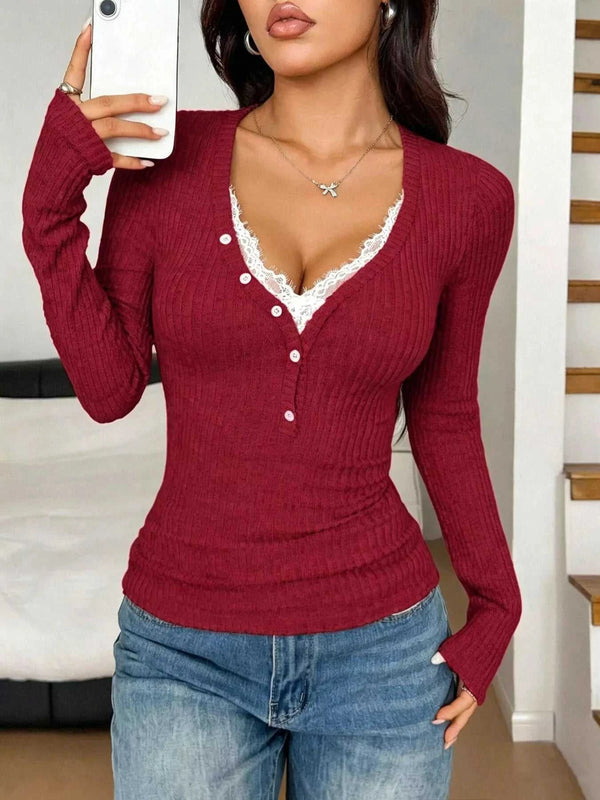 Ribbed Knit Lace Trim T-Shirt 101001766067346 41 Affordable Fashion Under $100 Jerry's Apparel 