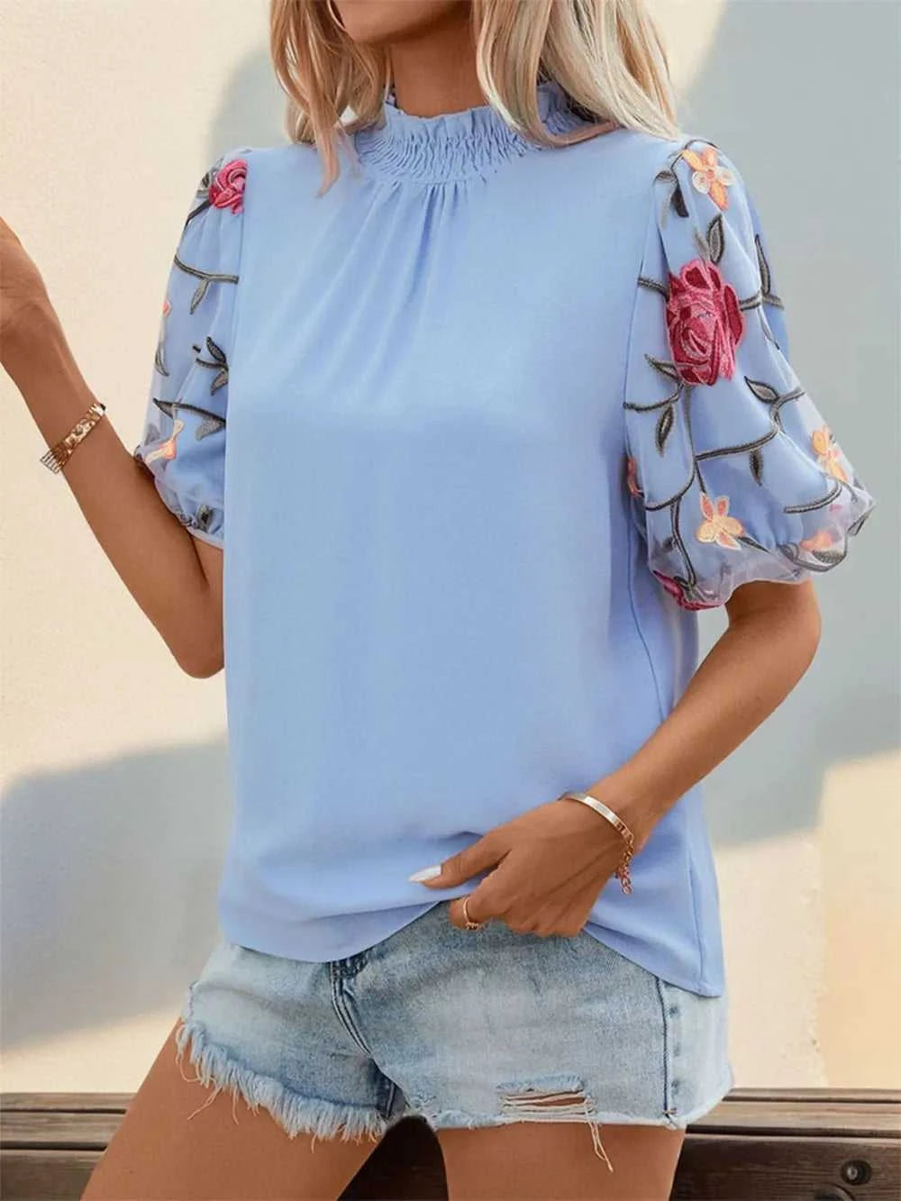Perfee Embroidered Mock Neck Puff Sleeve Blouse 100100917971090 28 Affordable Fashion Under $100 Jerry's Apparel 