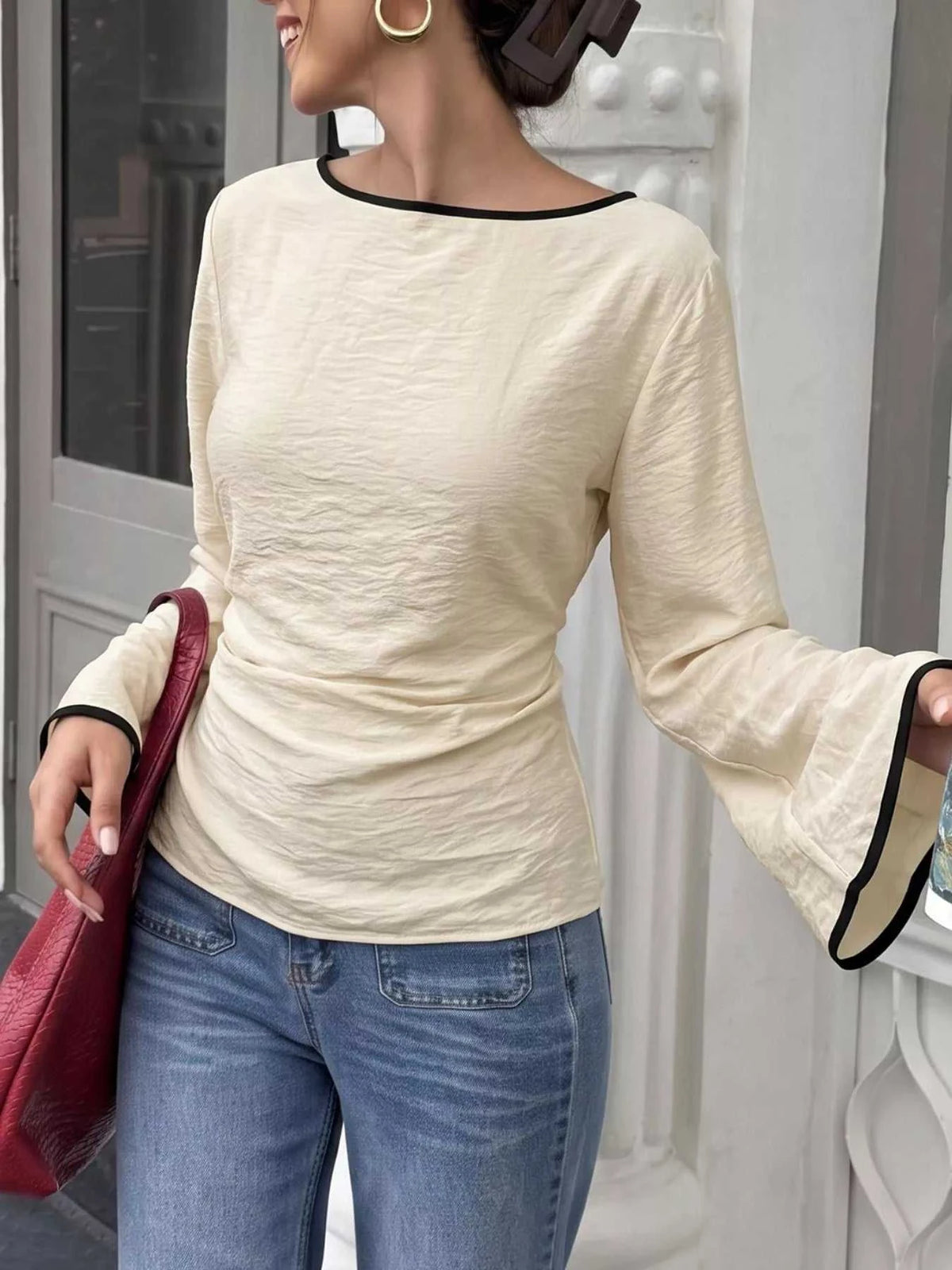 Contrast Trim Flare Sleeve Blouse 100100839982212 27 Affordable Fashion Under $100 Jerry's Apparel 