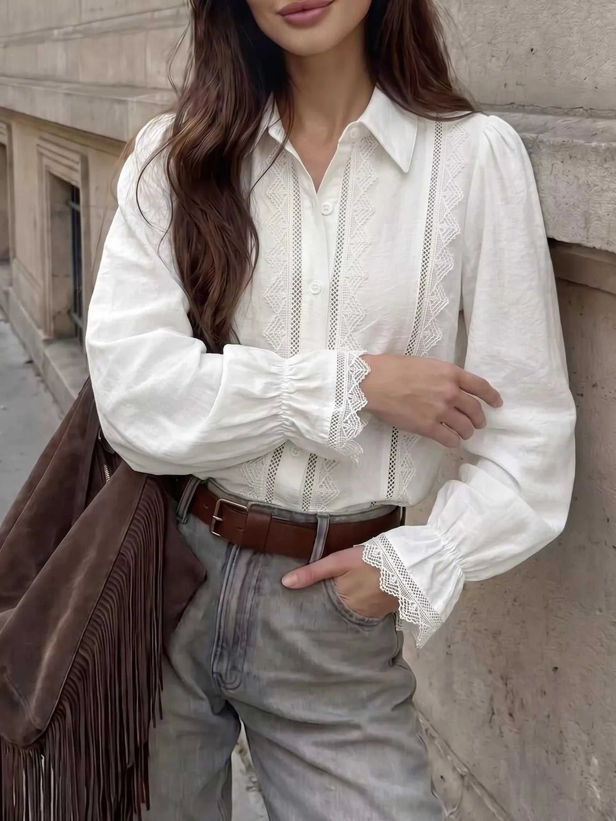 Lace-Trimmed Button-Down Shirt 101001213081303 50 Jerry's Apparel 