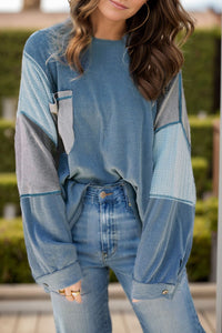 Patchwork Color Block Round Neck Long Sleeve Top