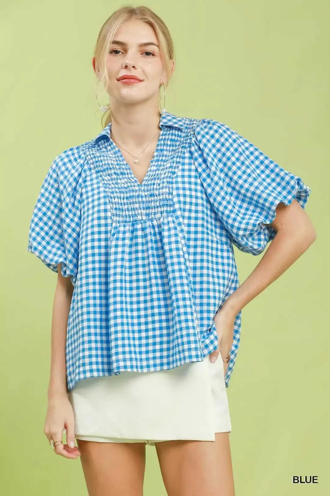 Umgee Smocked Yoke Puff Sleeve Gingham Blouse 100100390081797 53 Affordable Fashion Under $100 Jerry's Apparel 