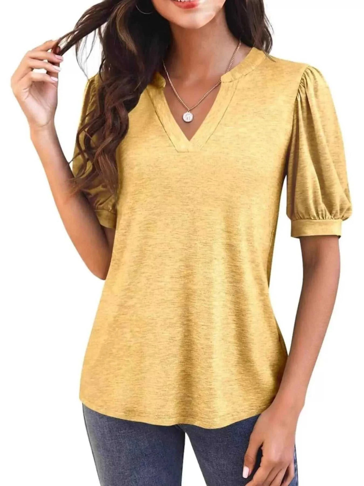 Puff Sleeve Notched Casual T-Shirt 100100978352776 23 Affordable Fashion Under $100 Jerry's Apparel 