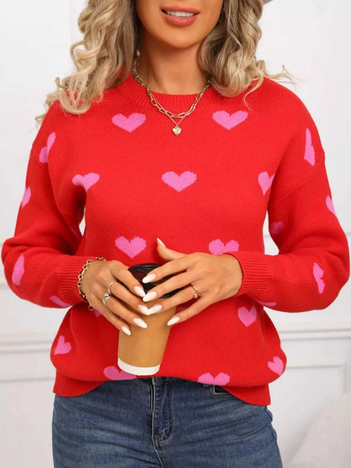 Valentine's Day Heart Pattern Dropped Shoulder Sweater 100100193932322 48 Affordable Fashion Under $100 Jerry's Apparel 