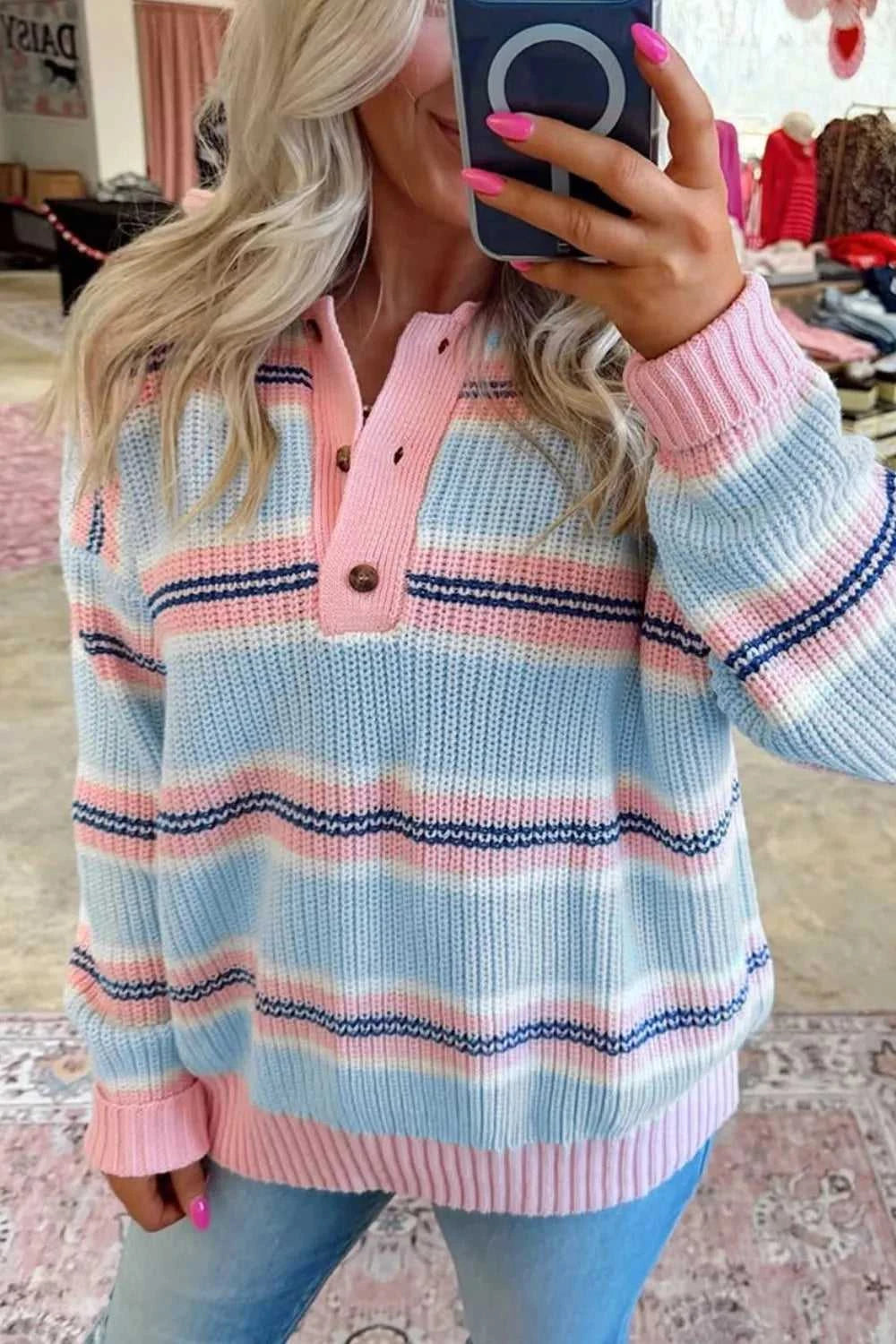 Stripe Striped Button Collar Long Sleeve Shift Fit Winter Knitwear Sweater 100100903997035 56 Affordable Fashion Under $100 Jerry's Apparel 