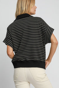 Umgee Striped Half Zip Short Sleeve Sweatshirt