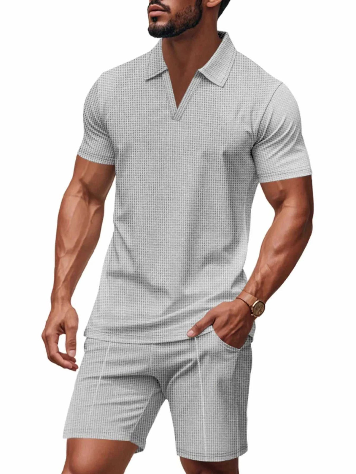 Men's Full Size Textured Short Sleeve Polo and Shorts Set Plus Size 100400402114307 34 Affordable Fashion Under $100 Jerry's Apparel 