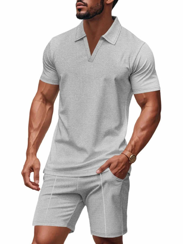 Men's Full Size Textured Short Sleeve Polo and Shorts Set Plus Size