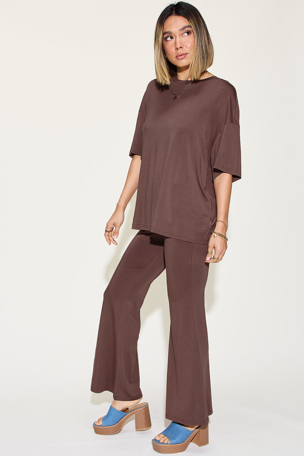 Full Size Bamboo Drop Shoulder T-Shirt and Flare Pants Set