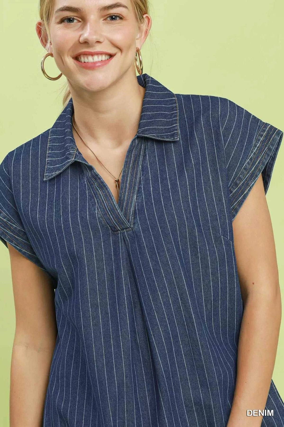 Umgee Pinstripe Denim Collared Midi Dress with Side Slits 100100970061245 66 Affordable Fashion Under $100 Jerry's Apparel 