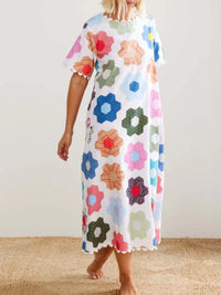 Floral Print Midi Dress with Scalloped Edges