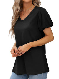 V-Neck Puff Sleeve Casual T-Shirt