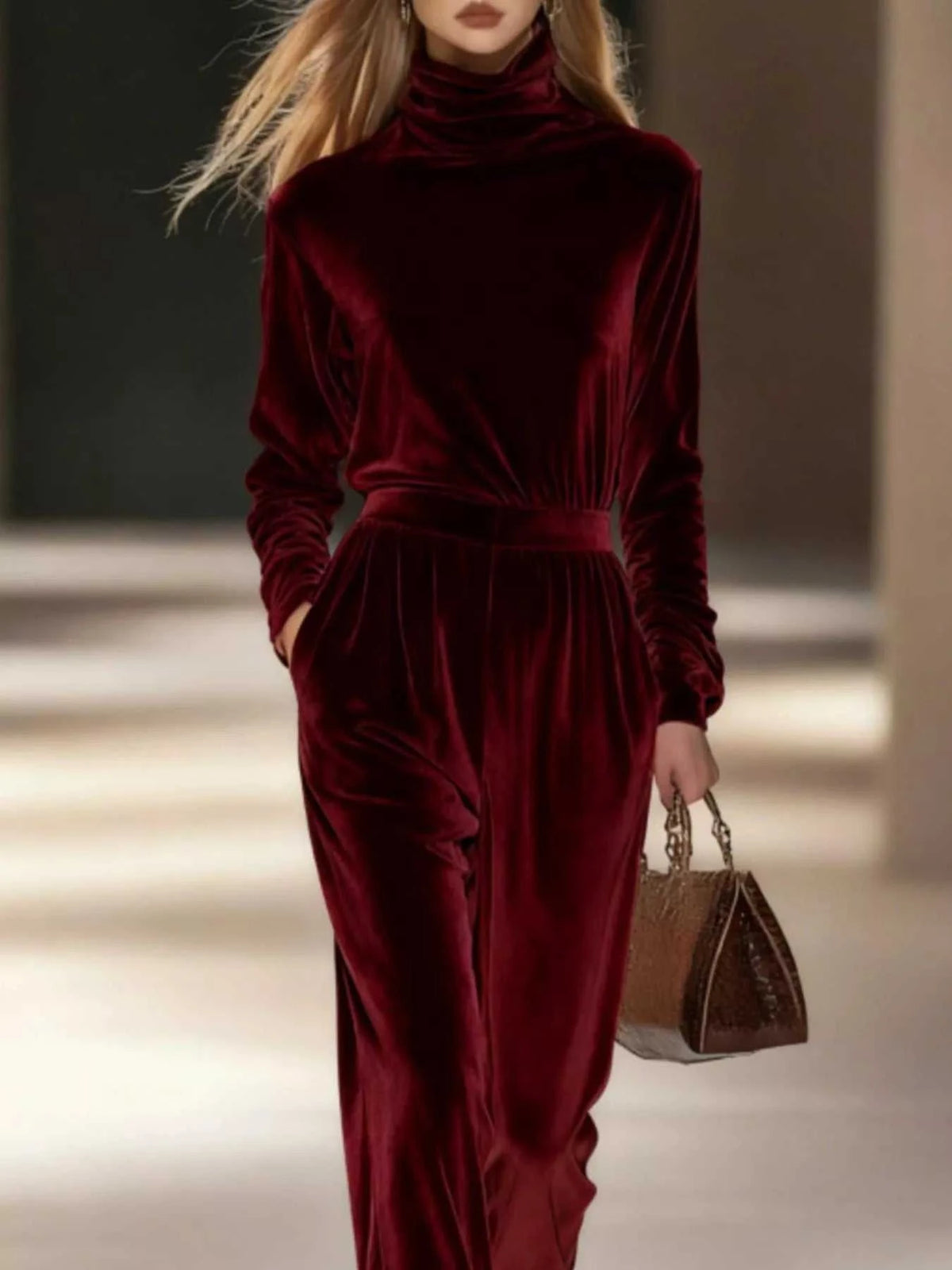 Full Size Velvet Turtleneck Long Sleeve Top and Wide-Leg Pants Set Plus Size 101001423619230 50 Affordable Fashion Under $100 Jerry's Apparel 