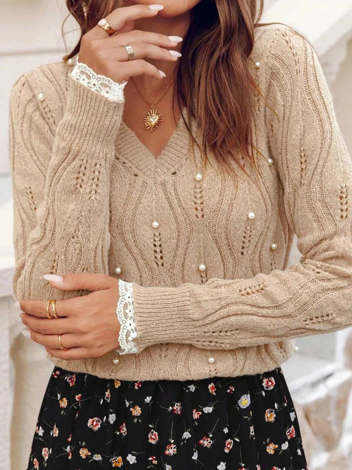 Pearl-Embellished V-Neck Pullover Sweater 100100719561876 49 Affordable Fashion Under $100 Jerry's Apparel 